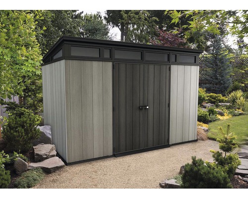 Abri de jardin Keter Artisan 11x7 avec plancher 342 x 218 cm aspect bois Abri de jardin avec porte double et lucarnes dans le jardin