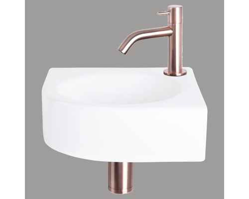 Lave-mains - Ensemble comprenant robinet de lave-mains rouge cuivre WOLGA céramique sanitaire émaillée blanche 30x30 cm