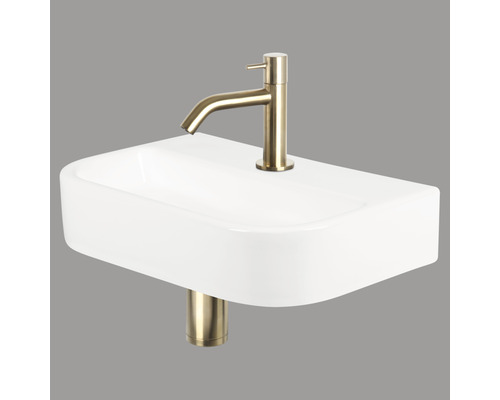 Lave-mains - Ensemble comprenant robinet de lave-mains doré OVALE céramique sanitaire émaillée blanche 38x24 cm