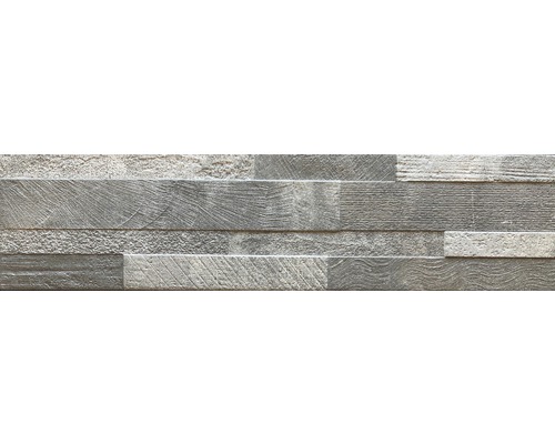 Pierre de parement en grès cérame fin Vesuvio gris 15x61 cm Parement décoratif en pierre avec structure en bois pour l''intérieur.