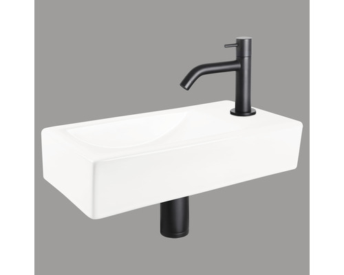 Lave-mains - Ensemble comprenant robinet de lave-mains noir NEVA céramique sanitaire émaillée blanche 38x18 cm