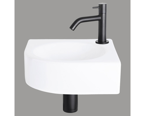Lave-mains - Ensemble comprenant robinet de lave-mains noir WOLGA céramique sanitaire émaillée blanche 30x30 cm