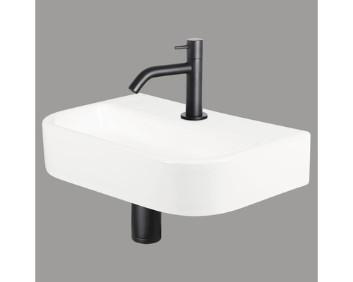Handwaschbecken - Set inkl. Standventil schwarz OVALE Sanitärkeramik emailliert weiss 38x24 cm