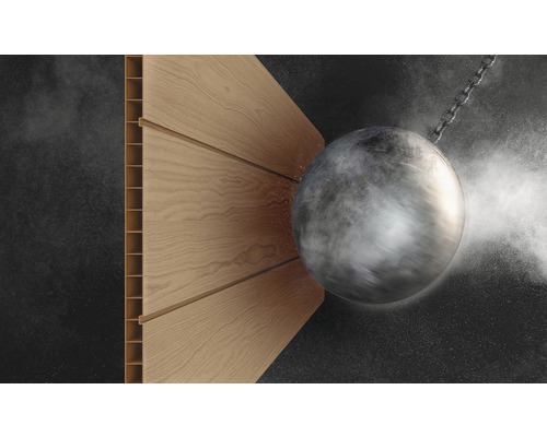 Illustration einer Abrissbirne, die auf eine Holzpaneelwand trifft