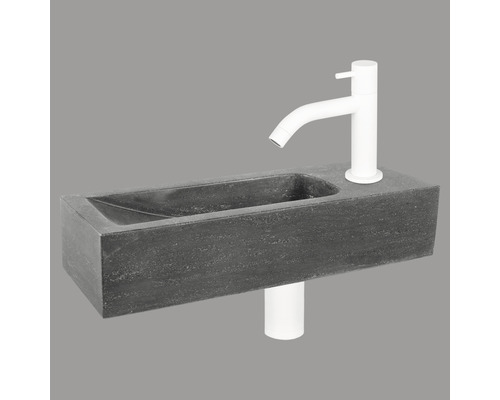 Lave-mains - Ensemble comprenant robinet de lave-mains blanc NEVA pierre naturelle sans revêtement noir 38x14 cm