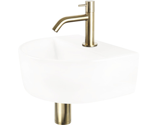 Lave-mains - Ensemble comprenant robinet de lave-mains doré DEMI céramique sanitaire émaillée blanche 30x25 cm