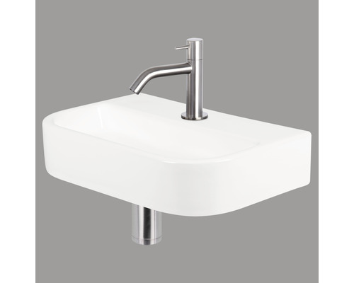 Lave-mains - Ensemble comprenant robinet de lave-mains chromé OVALE céramique sanitaire émaillée blanche 38x24 cm