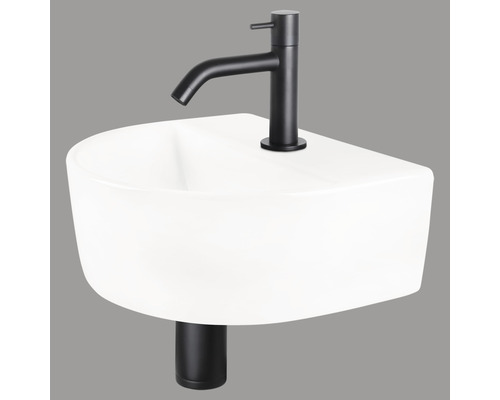 Handwaschbecken - Set inkl. Standventil schwarz DEMI Sanitärkeramik emailliert weiss 30x25 cm