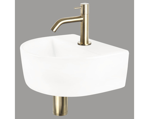 Handwaschbecken - Set inkl. Standventil gold DEMI Sanitärkeramik emailliert weiss 30x25 cm