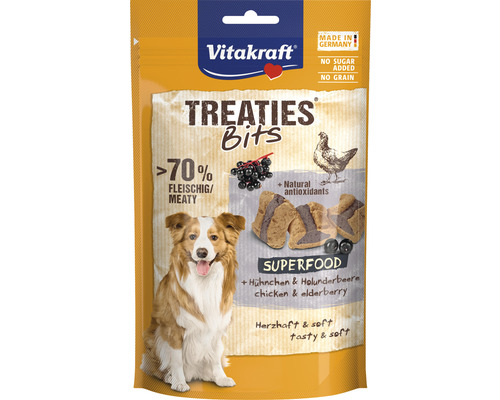 Vitakraft Hundesnack Treatier® Superfood Holunder 100g Verpackung Vitakraft Treaties Bits Hundesnacks mit Huhn und Holunderbeere