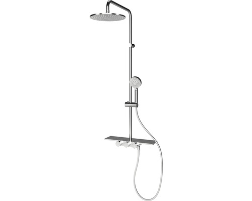 Colonne de douche avec thermostat Schulte Modern plus DuschMaster Rain II avec tablette D969290 02 pommeau de douche extra-plate rond chrome