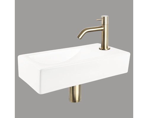 Handwaschbecken - Set inkl. Standventil gold NEVA Sanitärkeramik emailliert weiss 38x18 cm