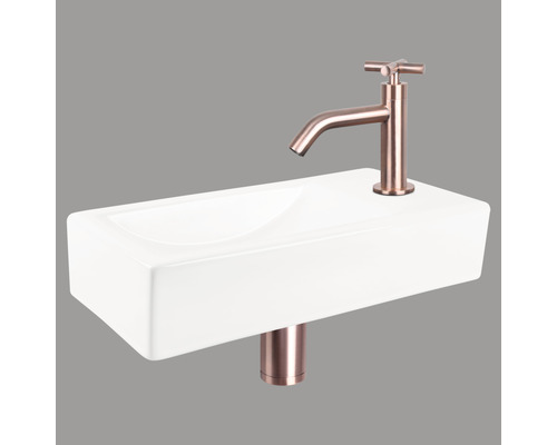 Lave-mains - Ensemble comprenant robinet de lave-mains rouge cuivre NEVA céramique sanitaire émaillée blanche 38x18 cm