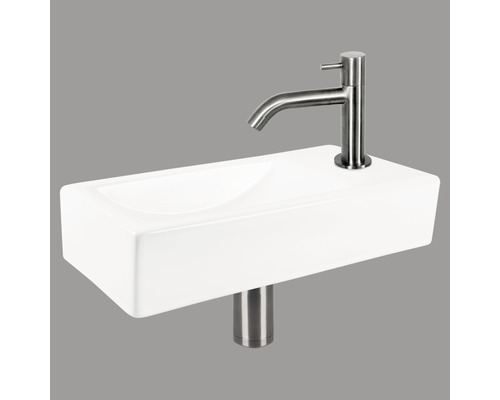 Lave-mains - Ensemble comprenant robinet de lave-mains NEVA céramique sanitaire émaillée blanche 38x18 cm