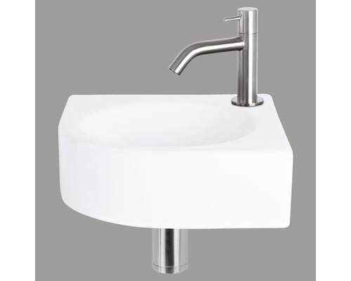 Lave-mains - Ensemble comprenant robinet de lave-mains WOLGA céramique sanitaire émaillée blanche 30x30 cm