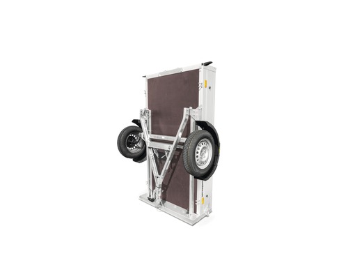 Remorque verticale avec roues et plaque de bois