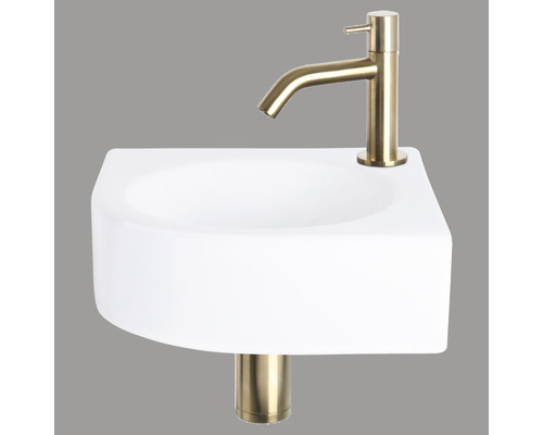 Lave-mains - Ensemble comprenant robinet de lave-mains doré WOLGA céramique sanitaire émaillée blanche 30x30 cm