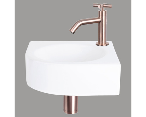 Lave-mains - Ensemble comprenant robinet de lave-mains rouge cuivre WOLGA céramique sanitaire émaillée blanche 30x30 cm