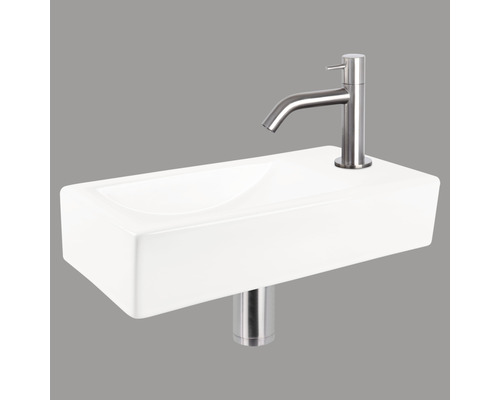 Lave-mains - Ensemble comprenant robinet de lave-mains chromé NEVA céramique sanitaire émaillée blanche 38x18 cm