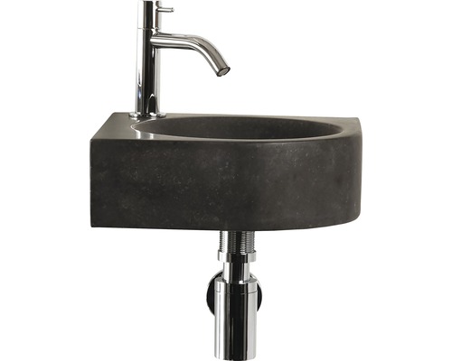 Lave-mains - Ensemble comprenant robinet de lave-mains CLEO pierre naturelle sans revêtement noir 30x30 cm