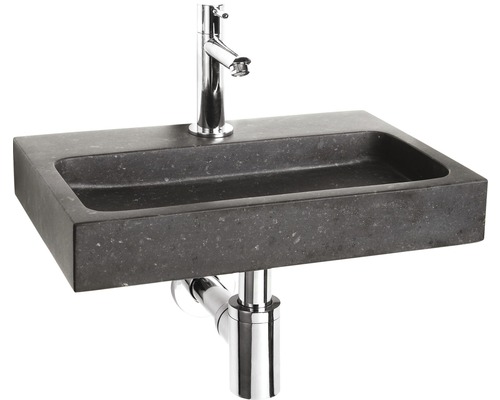 Lave-mains - Ensemble comprenant robinet de lave-mains noir FLAT SMALL pierre naturelle sans revêtement noir 38x24 cm