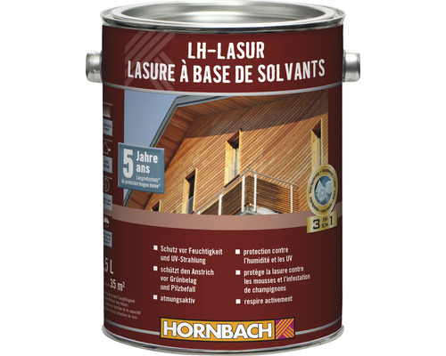 Lasure pour bois dans un seau métallique avec des informations sur la protection contre l''humidité, les rayons UV, les dépôts verts et les attaques de champignons