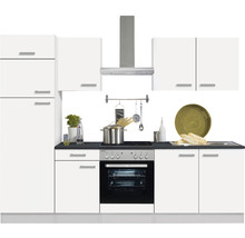 Cuisine complète avec armoires blanches, plan de travail, cuisinière et hotte aspirante