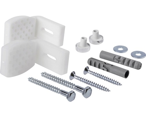 Matériel de fixation pour étagères murales, comprenant vis, chevilles et équerres