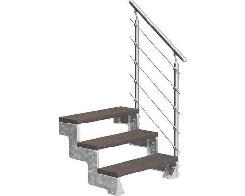 Escalier extérieur Pertura Tallis avec balustrade Prova 3 marches 100 cm marron foncé Escalier extérieur à trois marches, sous-structure métallique et garde-corps avec câbles en acier.