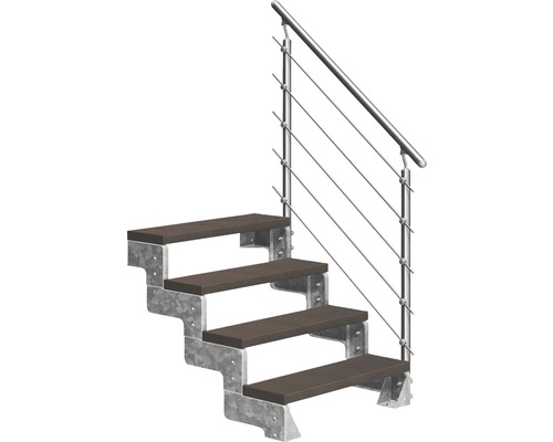 Escalier extérieur Pertura Tallis avec balustrade Prova 4 pas de marche 80 cm marron foncé Escalier avec rampe en métal et marches en bois