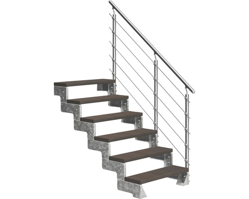 Escalier extérieur Pertura Tallis avec balustrade Prova 6 pas de marche 80 cm marron foncé Escalier avec marches en bois et garde-corps en acier inoxydable