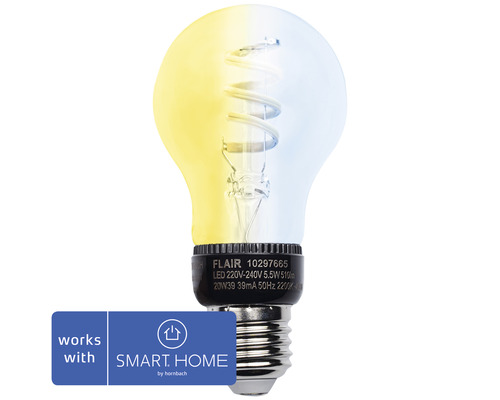 FLAIR Viyu Leuchtmittel E27 mit Repeaterfunktion A60 E27/5,5W(42W) 510 lm 2700-4000 K warmweiss-tageslichtweiss - Kompatibel mit SMART HOME by hornbach Smarte LED-Lampe mit E27-Fassung