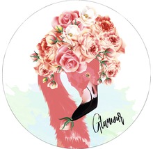 Illustration eines Flamingos mit Blumenschmuck und dem Wort Glamour