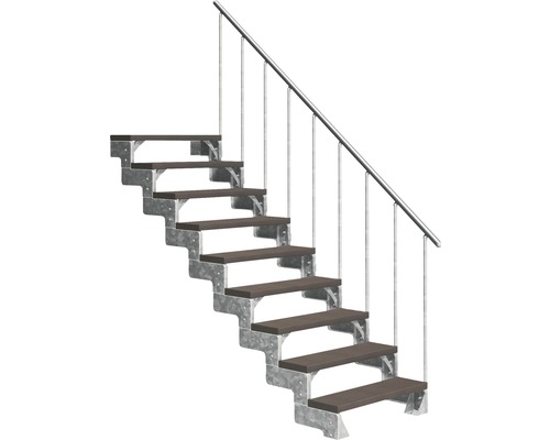 Escalier extérieur Pertura Tallis avec balustrade 9 pas de marche 100 cm marron foncé Escalier avec structure en acier et marches en bois