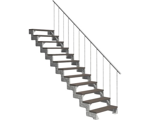 Escalier extérieur Pertura Tallis avec balustrade 12 pas de marche 100 cm marron foncé Escalier droit avec rampe en métal et marches en bois