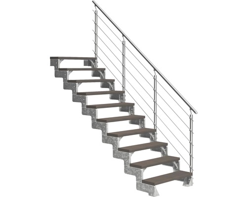 Escalier extérieur Pertura Tallis avec balustrade Prova 10 pas de marche 100 cm marron foncé Escalier avec marches en bois et garde-corps en acier inoxydable