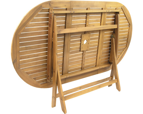 Zusammengeklappter ovaler Holztisch von unten