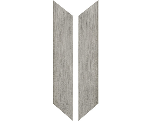 Wand- und Bodenfliese Auvergne Cendre Chevron 7.5x40.7cm Zwei graue Türverkleidungen mit Holzmaserung