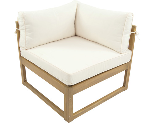 Eckteil einer Gartenlounge aus Holz mit hellen Auflagen