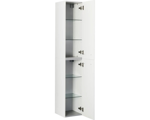 Weisser Hochschrank mit offenen Türen und Glasböden