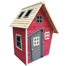 Spielhaus aus Holz mit Dachfenstern und schräger Tür
