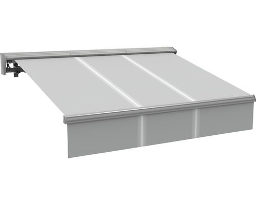 Store banne semi-coffre Molveno 2x1,5 tissu gris rayé piètement RAL 9006 blanc aluminium avec moteur, télécommande et manivelle de secours