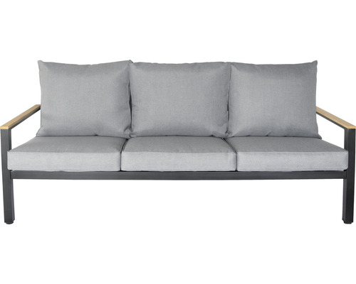 Gartencouch mit drei Sitzen, Kissen und Armlehnen aus Holz