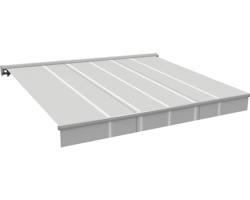 Store banne semi-coffre Molveno 4x3 tissu gris rayé piètement RAL 9006 blanc aluminium avec moteur, télécommande et manivelle de secours