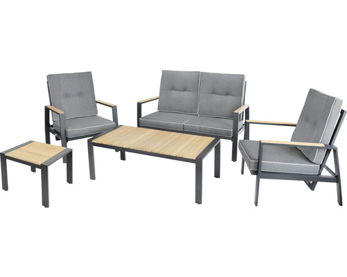 Gartenmöbelset mit zwei Stühlen, einer Bank, einem Tisch und einem Beistelltisch für den Aussenbereich