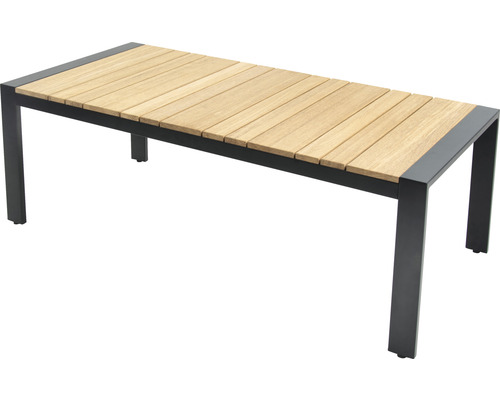 Gartentisch mit Holzoberfläche und Metallgestell