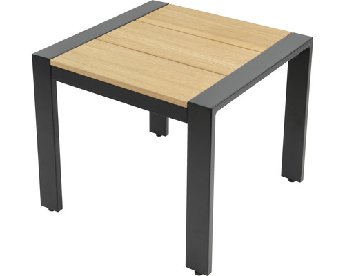 Quadratischer Beistelltisch mit Holzplatte und Metallgestell für den Aussenbereich
