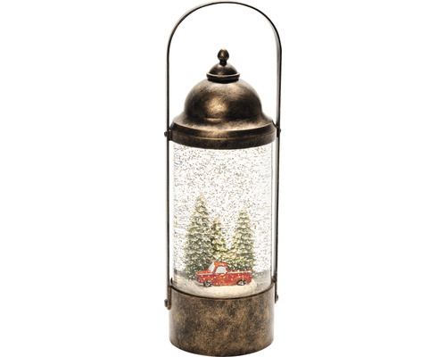 Lanterne décorative boule à neige avec pick-up rouge et sapins