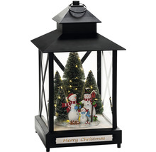 Lanterne décorative avec famille de bonhommes de neige et sapins