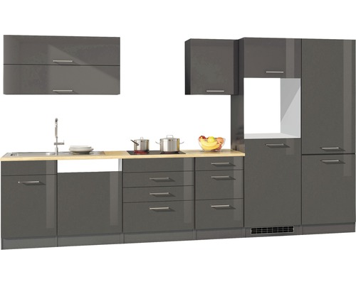 Held Möbel Küchenzeile Mailand 360 cm Frontfarbe grau Hochglanz Korpusfarbe graphit